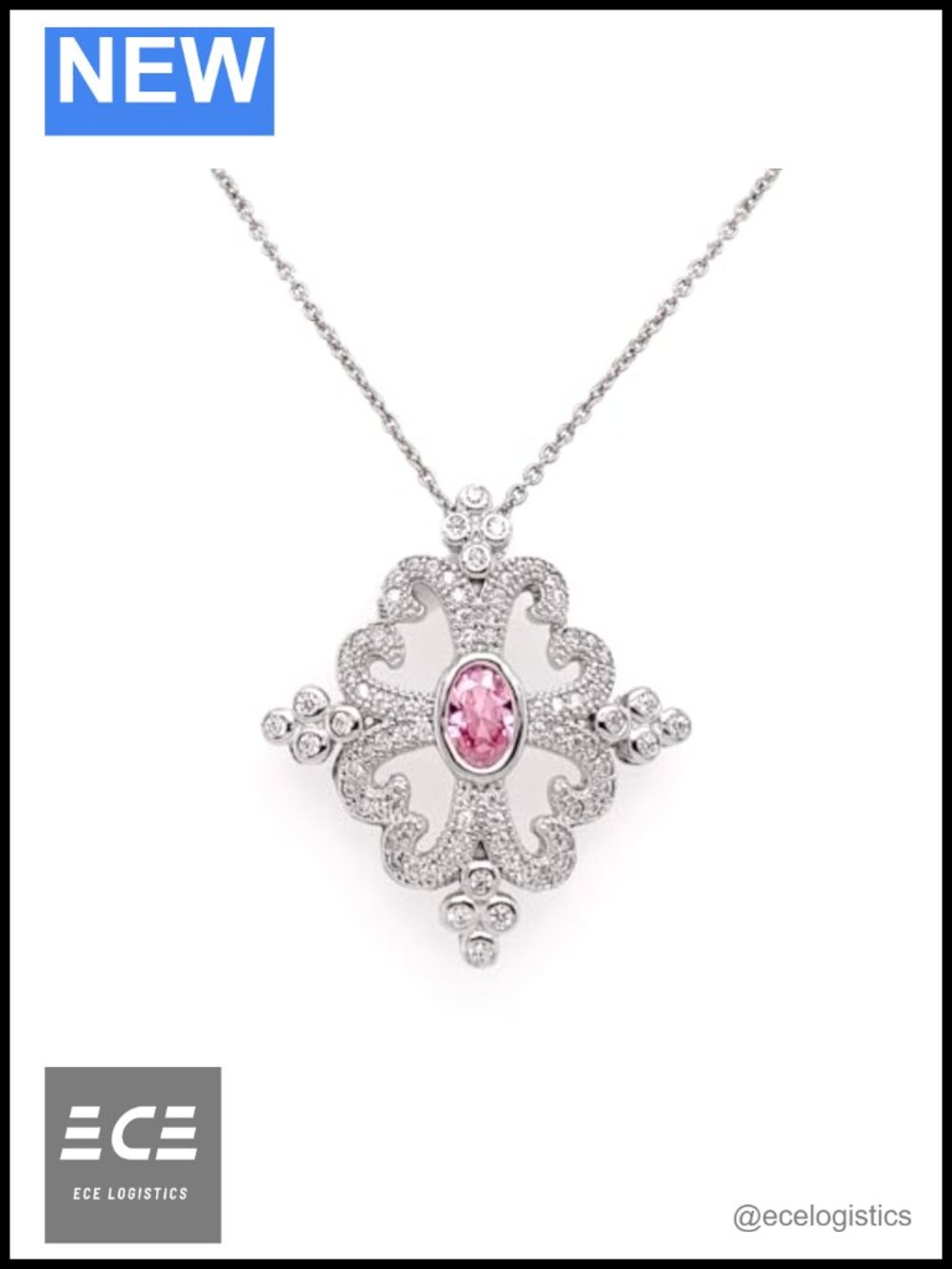 CZ Pink Oval Center Stone Pendant Necklace Sterling Silver